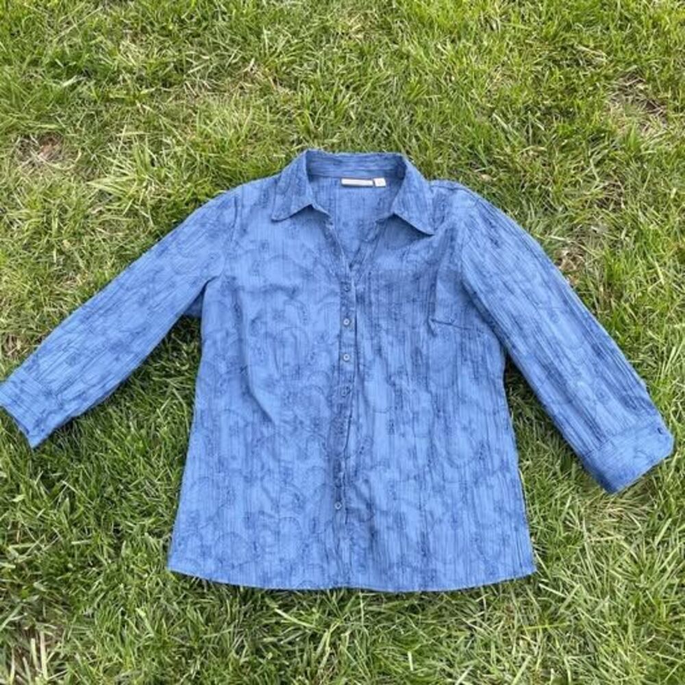 Coastal Boho Blue Floral Paisley Textured Button Down Shirt Size L